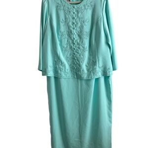 Vtg KSL Karin Stevens Dress Light Teal Embellished Floral Layered Size EST. 3X